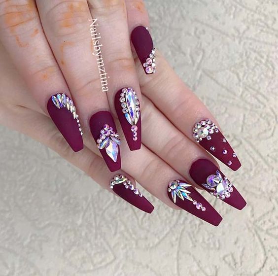 Matte Deep Burgundy Nails with Rhinestones: Bold Glamour in Nail Art.