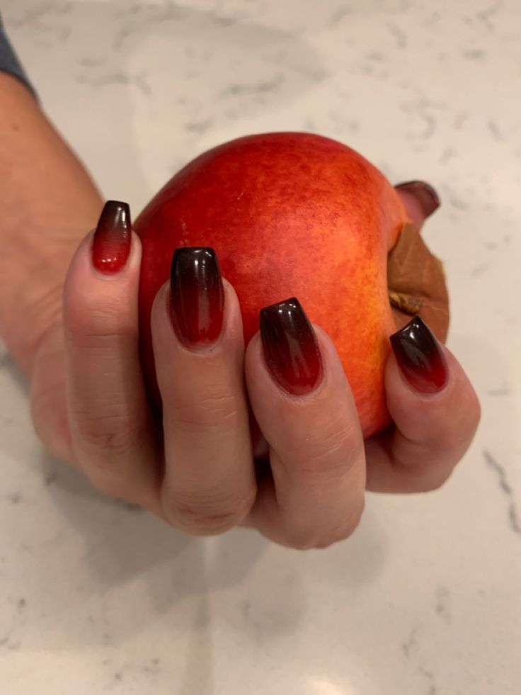 Bold Glossy Ombre Nails: A Sophisticated Burgundy to Black Gradient with a Playful Red Apple Accent.