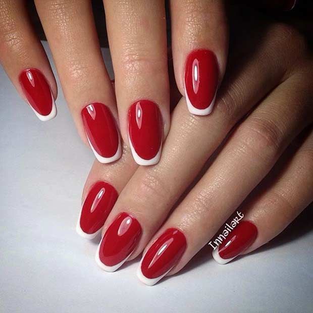 Chic Classic Red and White French Manicure with Almond-Shaped Nails.