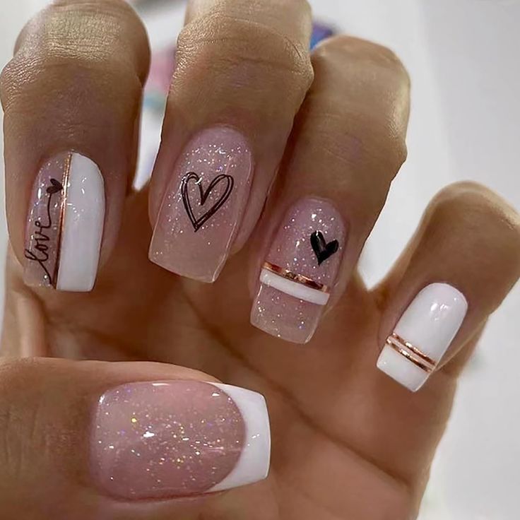 Elegant Chic Nail Design with Glossy White, Soft Pink, and Sparkling Heart Accents.