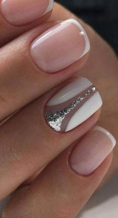 Sophisticated Neutral and White Nail Design with Glamorous Glitter Accent