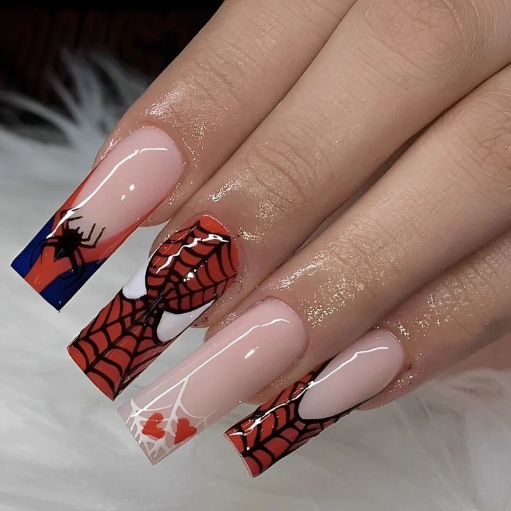 Bold Red and Black Spider Web Nail Design with Intricate Patterns and Glossy Finish.