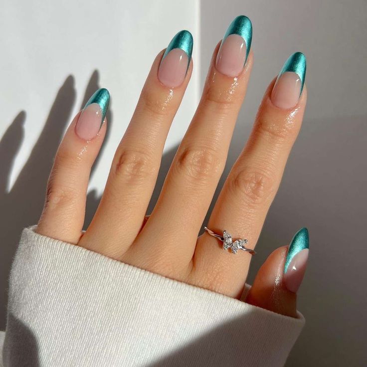 Chic Two-Toned Nail Design with Glossy Teal Tips for Sophisticated Elegance.