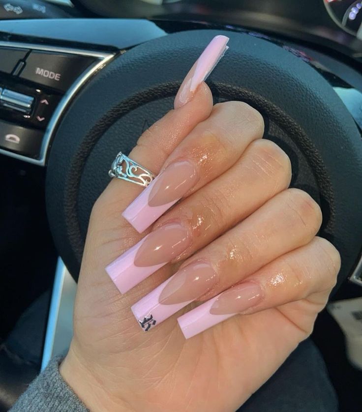 Chic Coffin Nail Design: Glossy Nude with Matte Pink Tips