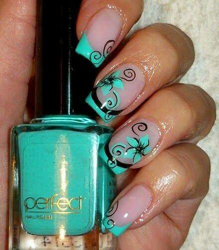 Teal Nails With Flower Design