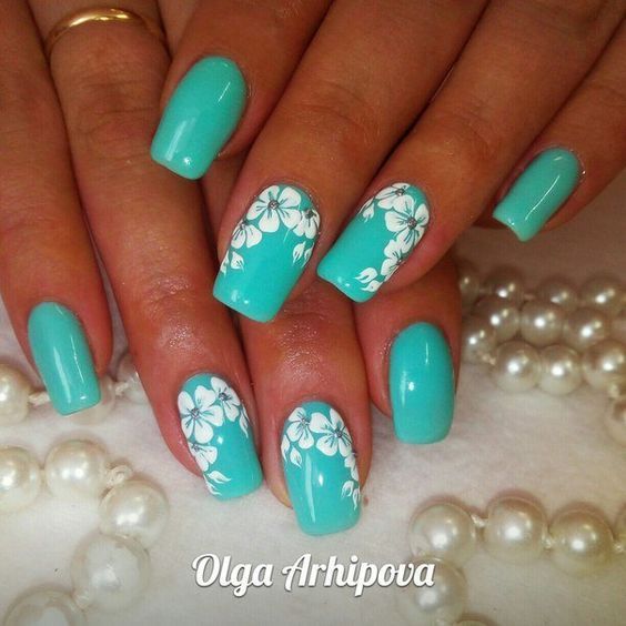 Elegant Floral Aqua Nail Design for a Fresh Summer Look.