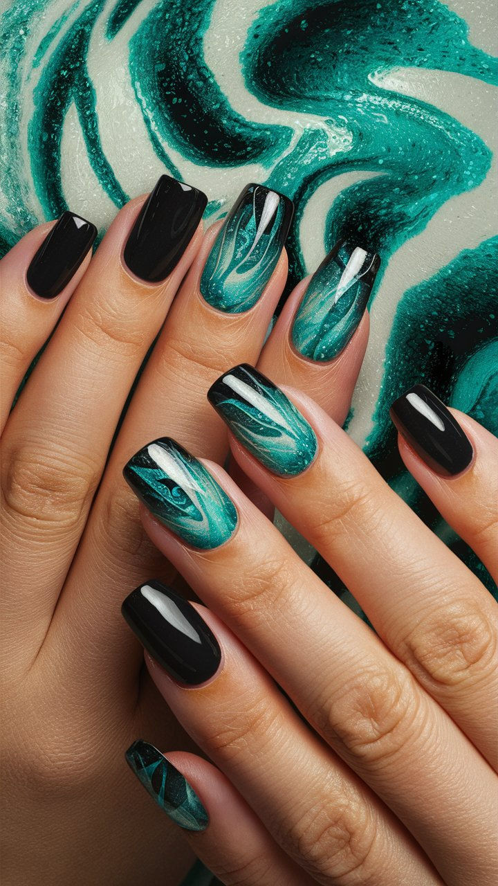 Sophisticated Teal and Black Marbled Nail Art Design