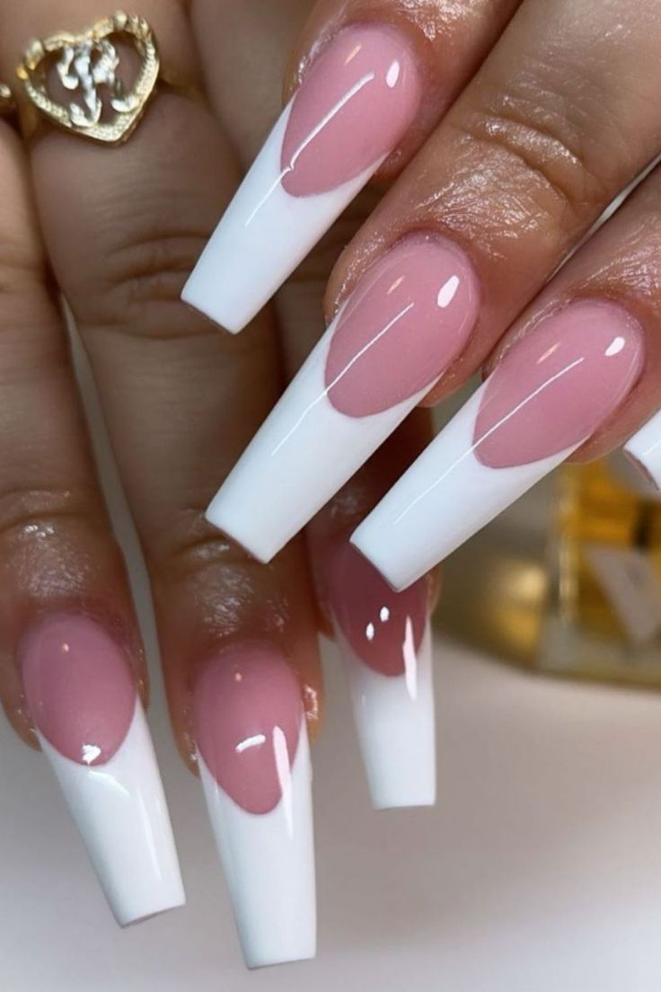 Chic Elegant Nail Design: Soft Pink Base with Crisp White Tips and Glossy Finish