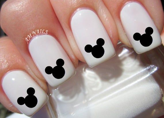 Playful Mickey Mouse Silhouette Nail Design on Classic White Base