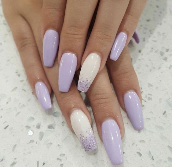 Elegant Lavender and White Nail Design with Solid and Gradient Styles.