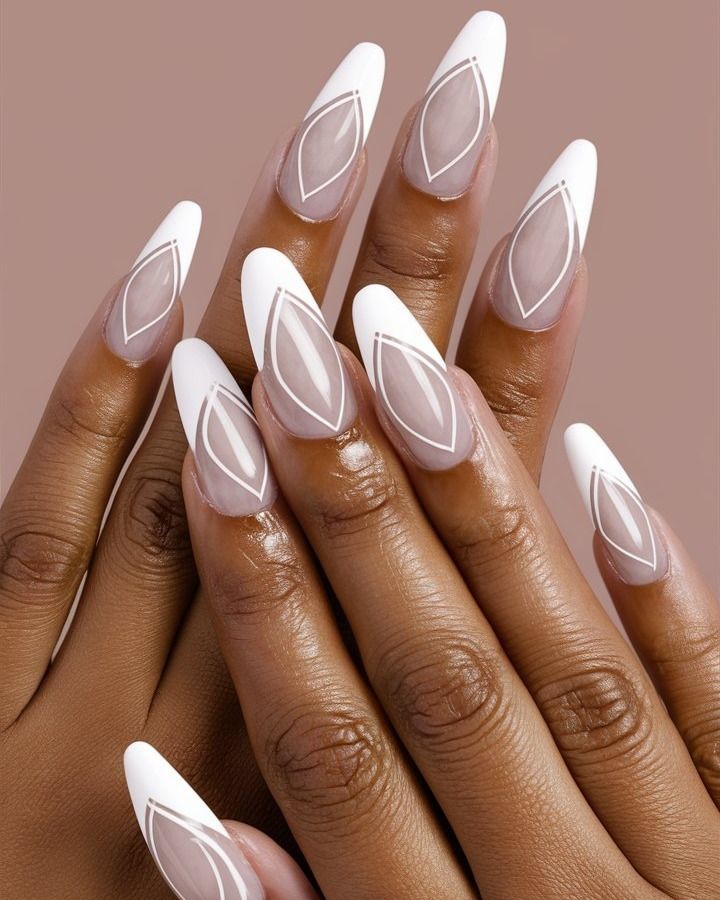 Stylish Almond-Shaped Nails with White and Transparent Design Showcase Artistry and Elegance.