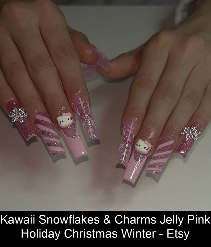 Whimsical Kawaii Nail Design: Festive Pink Shades with Snowflakes and Striped Accents for the Holiday Season.