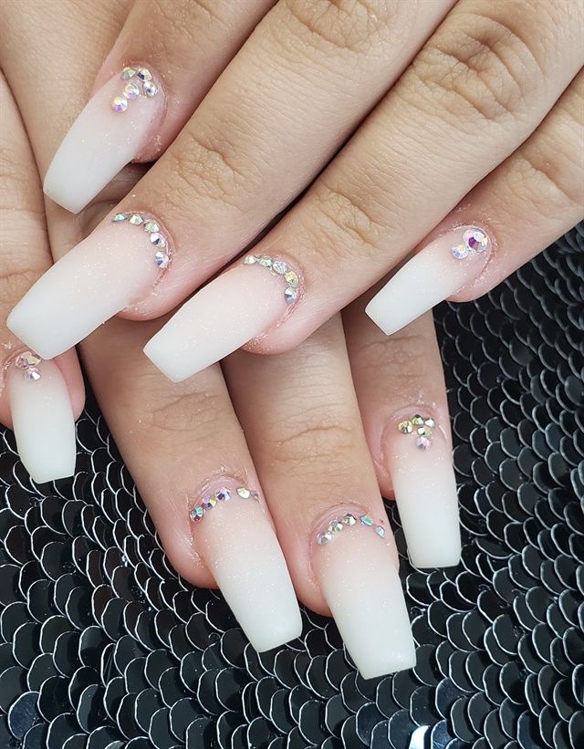 Elegant Long Squared Matte Nail Design with Rhinestone Accents