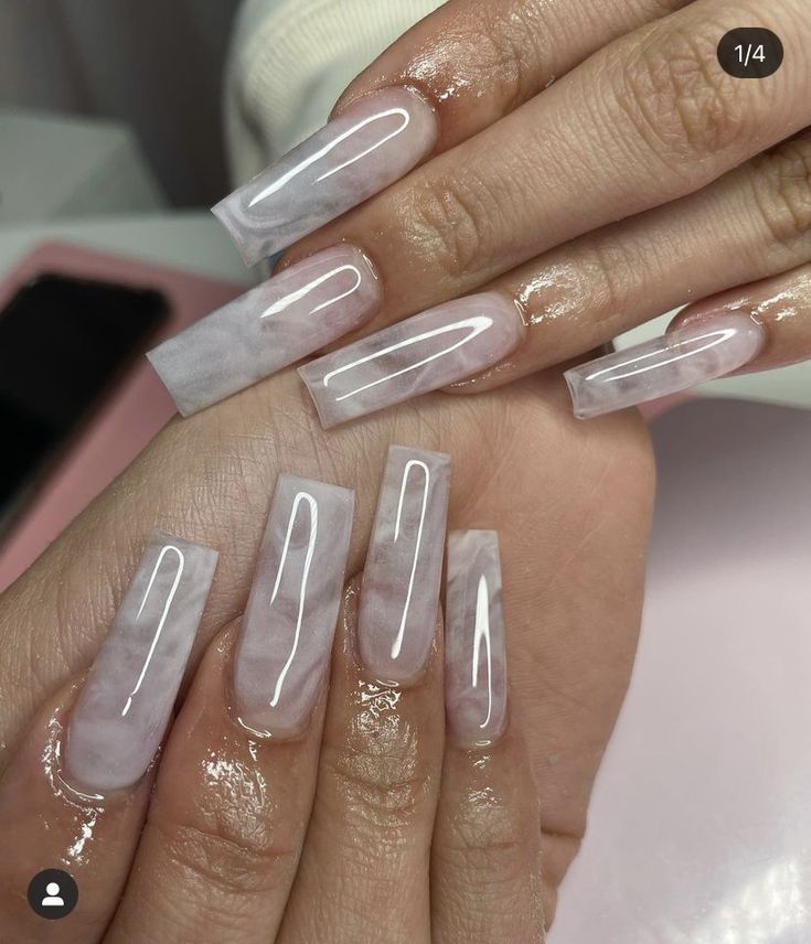 Chic Translucent Marble Nail Design with Pinkish Glossy Finish