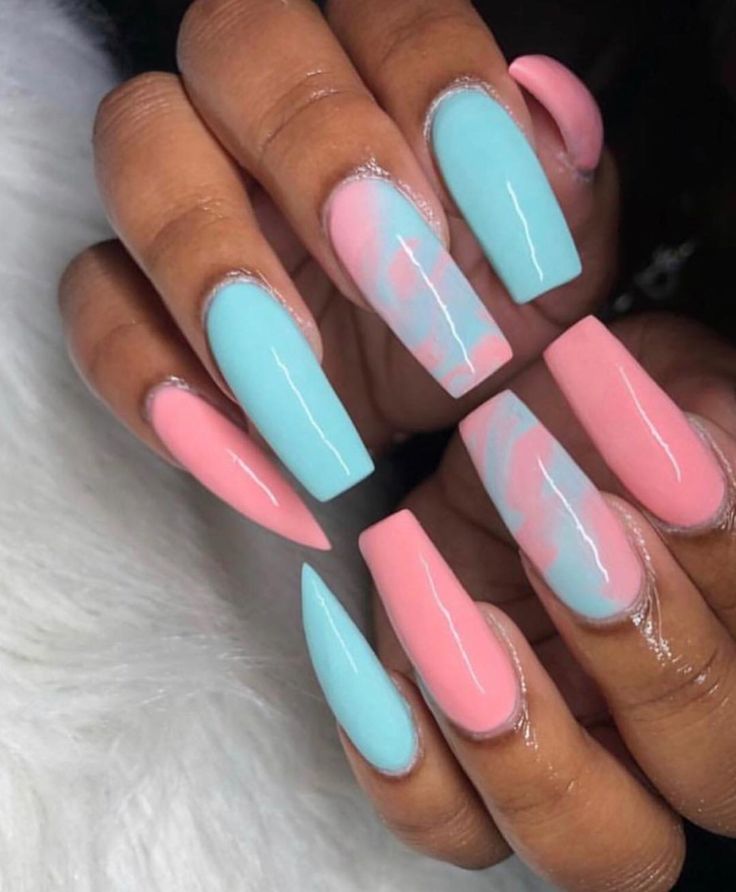 Chic Pastel Nail Design: Playful Pink and Blue with Glossy Finish and Marbled Texture.