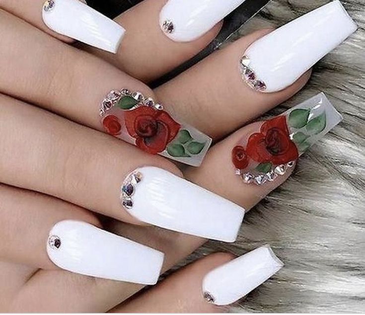 Glamorous White and Red Rose Nail Design with Gem Accents.