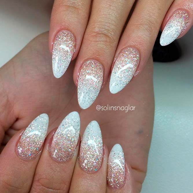 Glamorous Gradient Almond Nails: From Subtle Shimmer to Bold Glitter Tip.