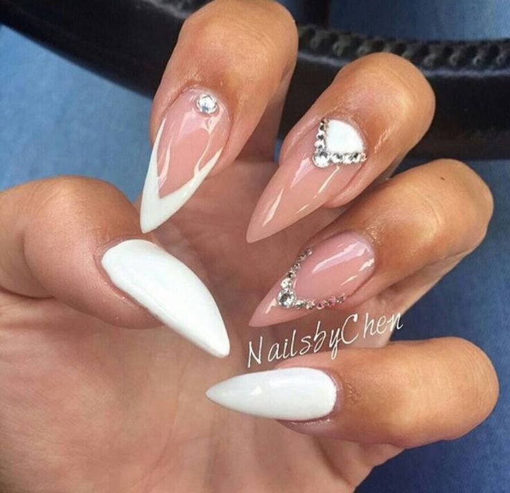 Chic Almond Nail Design with Glossy White, Soft Nude, and Sparkling Accents