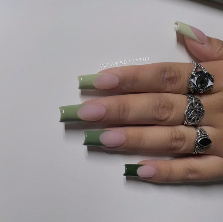 Chic Ombre Green Nail Design with Nude Base and Silver Accents