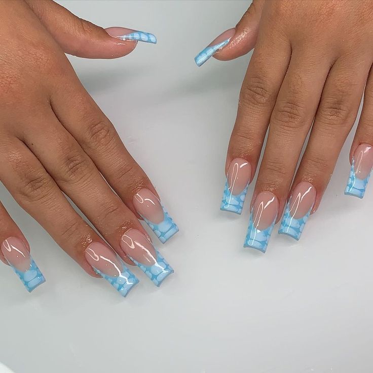 Elegant Long Tapered Acrylics with Light Blue French Tips and Cloud Pattern