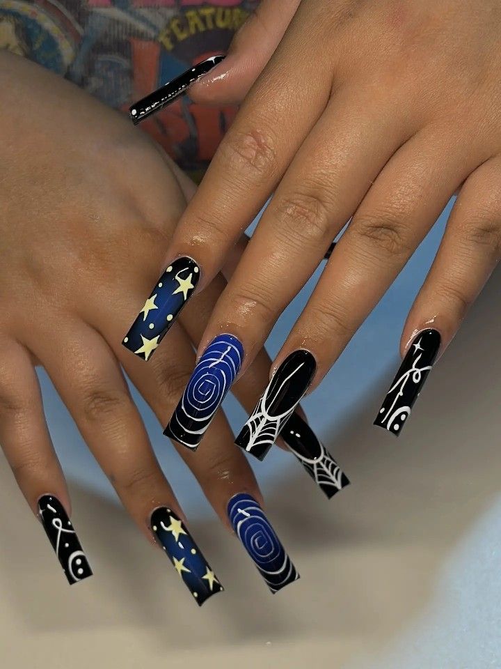 Whimsical Dark and Vibrant Nail Designs: Intricate Patterns for a Bold Look