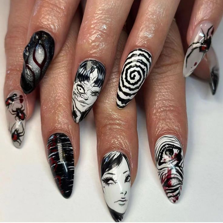 Dramatic Black and White Artistic Nail Designs with Intricate Illustrations and Unique Details.