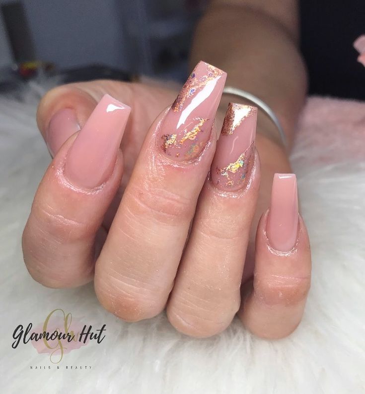 Chic Nude Nails with Soft Pink Base and Gold Foil Accents for Elegant Style.