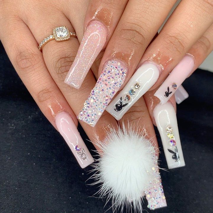 Playful Elegant Glamour: Long Square Acrylic Nails with Pink Glitter and Bunny Motifs.