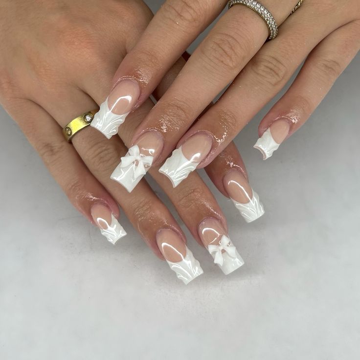 Chic Long Square White Nails with Textured Bow Ribbons for a Romantic Look.