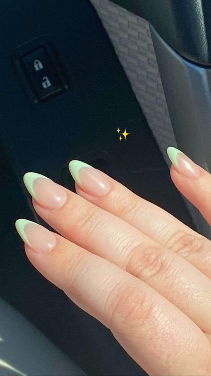 Chic Almond-Shaped Nails with Mint Green French Tips and Elegant Ombre Effect