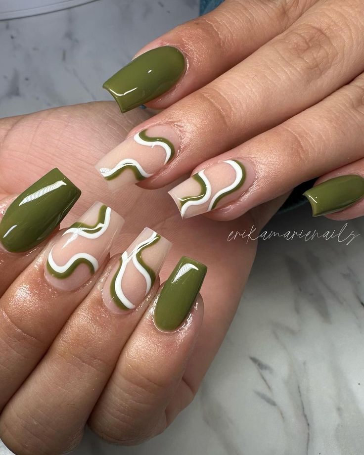 Army Green Nails With Design