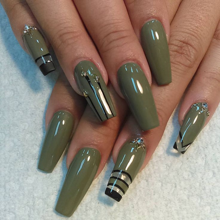 Chic Olive Green Long Nails with Black, Gold Accents and Rhinestone Sparkle.