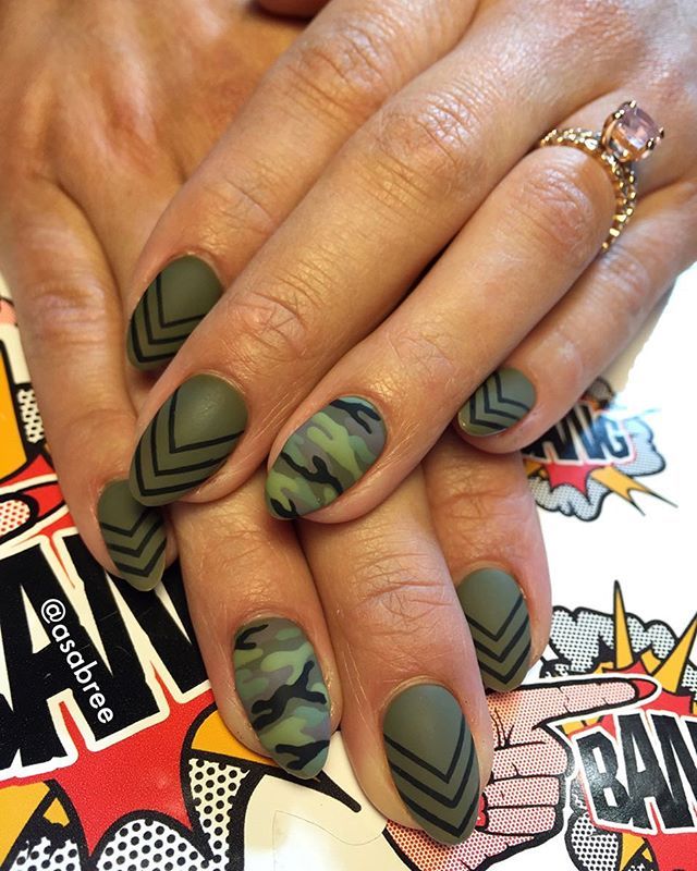 Edgy Camouflage-Inspired Nail Design with Olive Green and Bold Chevron Patterns