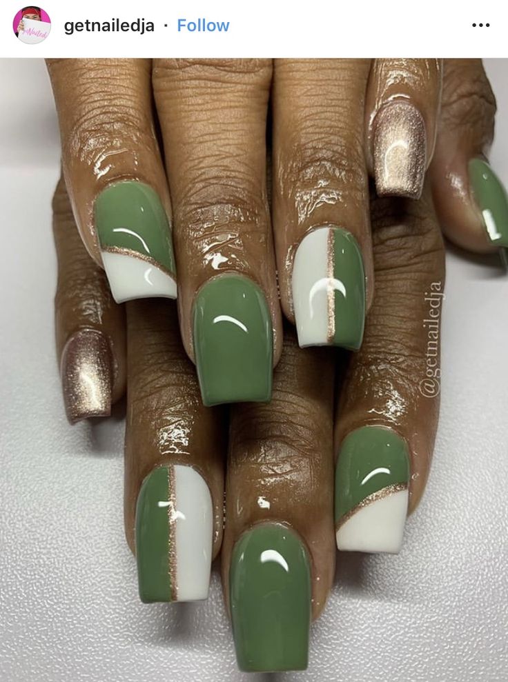 Chic Geometric Nail Design in Green, White, and Metallic Rose Gold