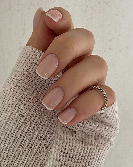 Chic French Manicure: Soft Pink Base with Classic White Tips and Modern Square Shape