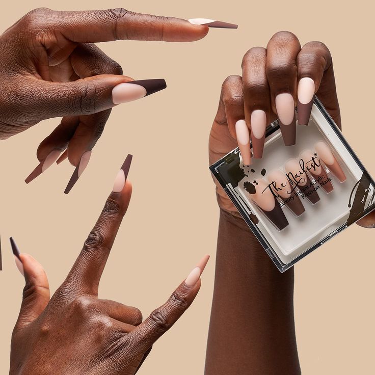 Chic Elongated Nail Designs in Soft Nude and Dark Brown Shades, Elegantly Presented.