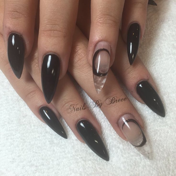 Chic Pointed Nails: Glossy Black with Clear Gradient Tips and Artistic Line Detail.