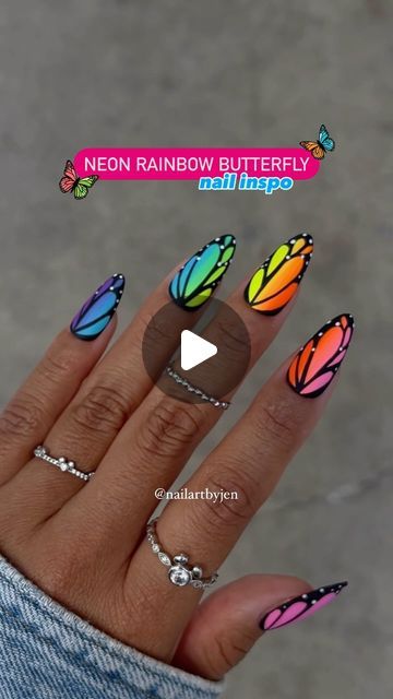 Vibrant Neon Rainbow Butterfly Nail Design for a Bold Statement.