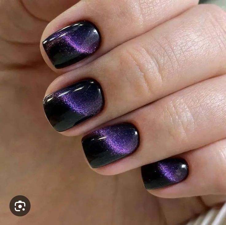 Stunning Ombre Nail Design: Black to Purple Gradient with Glossy Finish and Subtle Sparkle