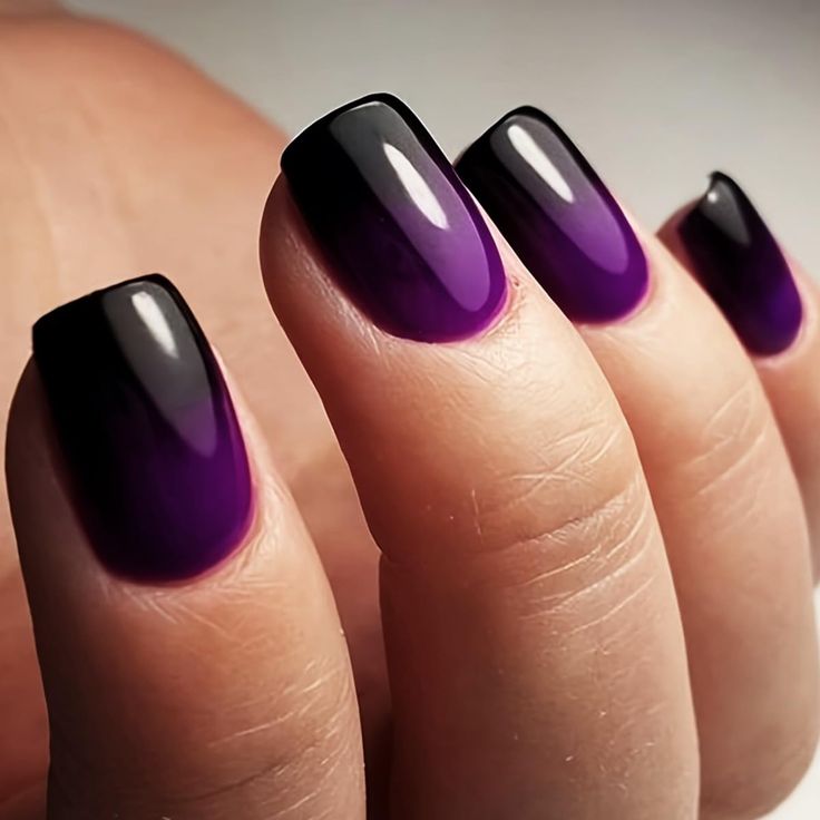 Stunning Ombre Nail Design: Deep Black to Vibrant Purple Gradient with Glossy Finish.