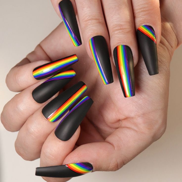 Bold Rainbow Stripe Nail Art on Matte Black Base