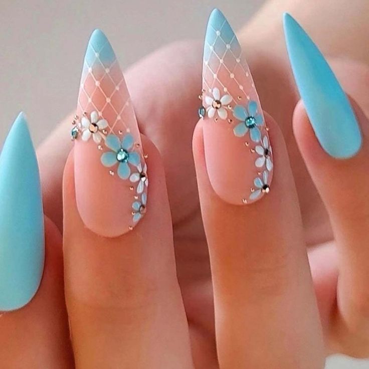 Blue Nails With Flowers Design