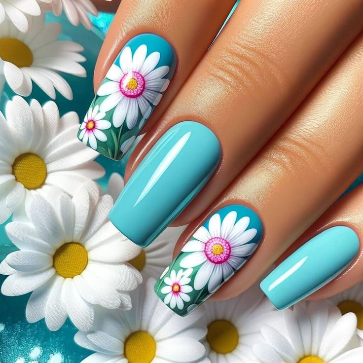 Vibrant Turquoise Floral Nail Design: A Cheerful Spring-Inspired Elegance.