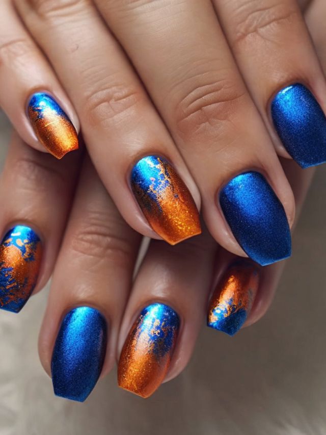 Bold Gradient Nail Design in Striking Blue and Orange with Intricate Detailing.