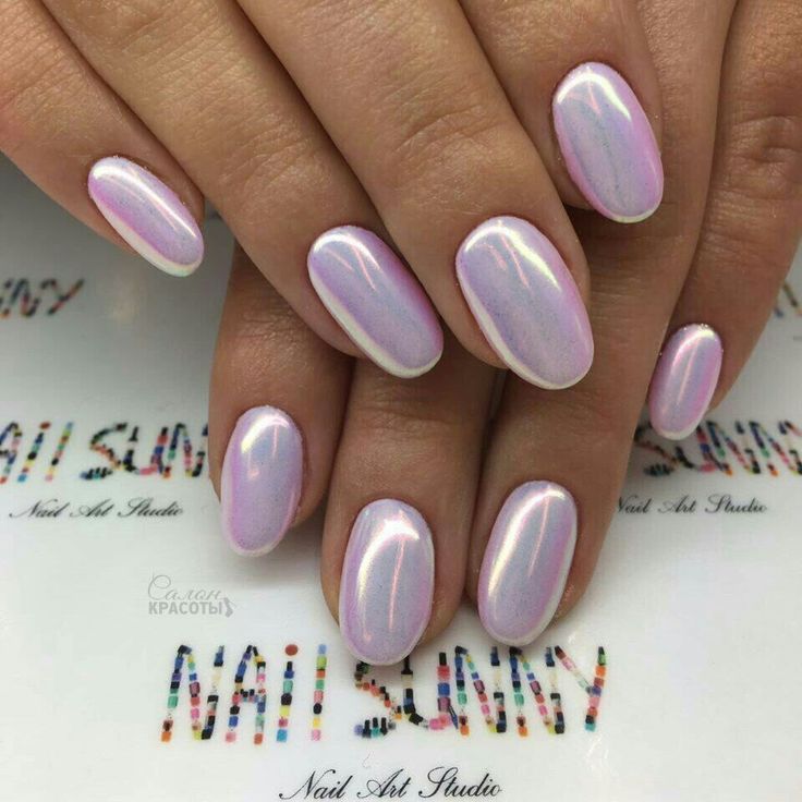 Elegant Iridescent Almond Nails with Soft Pastel Shimmer and Glossy Finish.