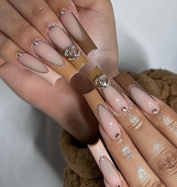 Sophisticated Nude Nail Design with Glossy-Matte Finish and Rhinestone Accents