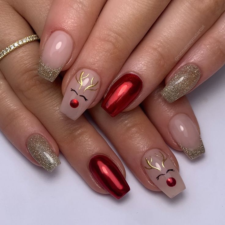 Whimsical Holiday Nail Design: Playful Reindeer Motif in Nude, Red, and Sparkly Gold.