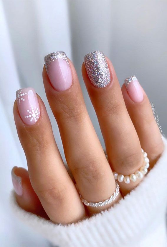 Elegant Soft Pink and Silver Glitter Nail Design for Any Occasion.