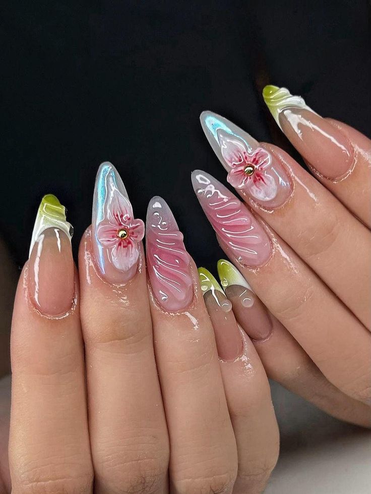 Elegant Pink and White Nail Design with Floral Accents and Glossy Finish