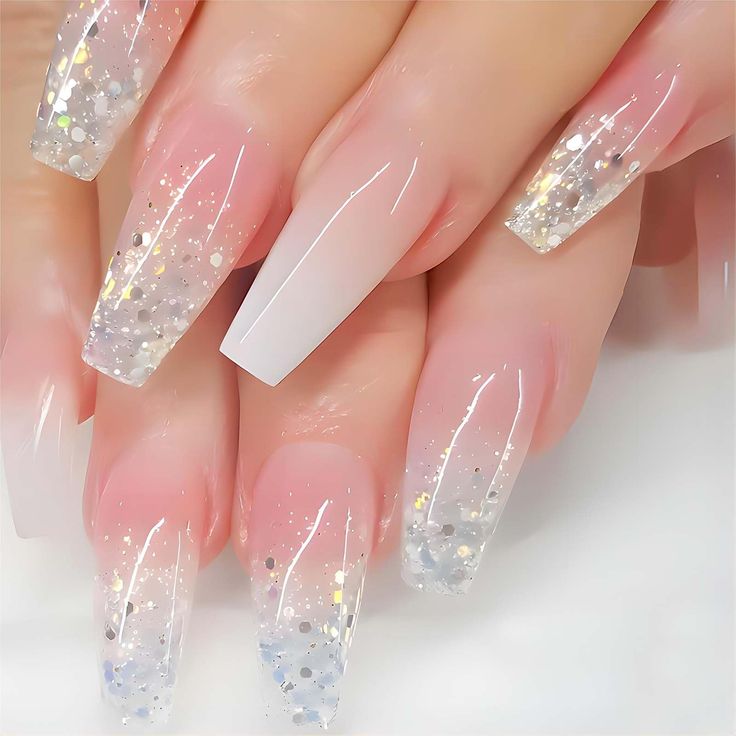 Chic Gradient Nude Nail Design with Glitter Accents